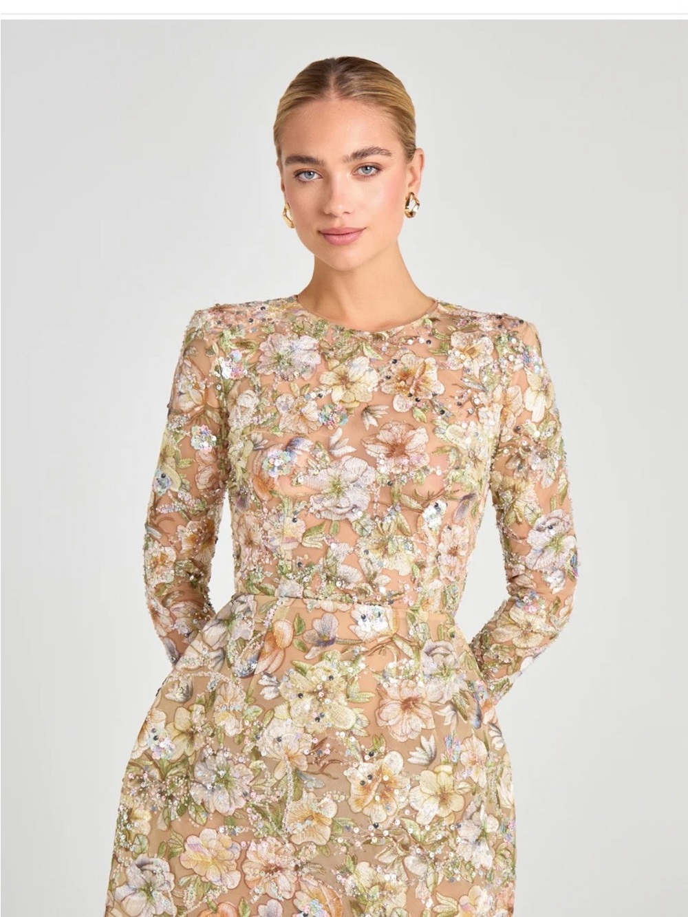 NADINE MERABI Nude Blush Floral Embroidered Long Sleeve Dress
